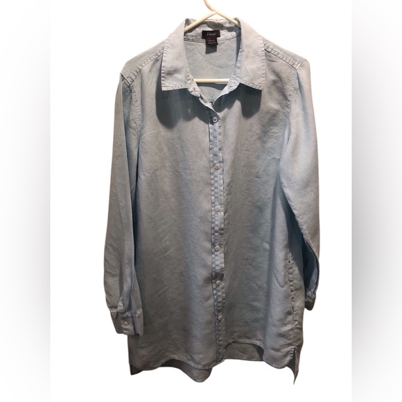 Pure Amichi Women’s Large Baby Blue Button Up Shirt Pockets L/S 100% Linen - Picture 1 of 4
